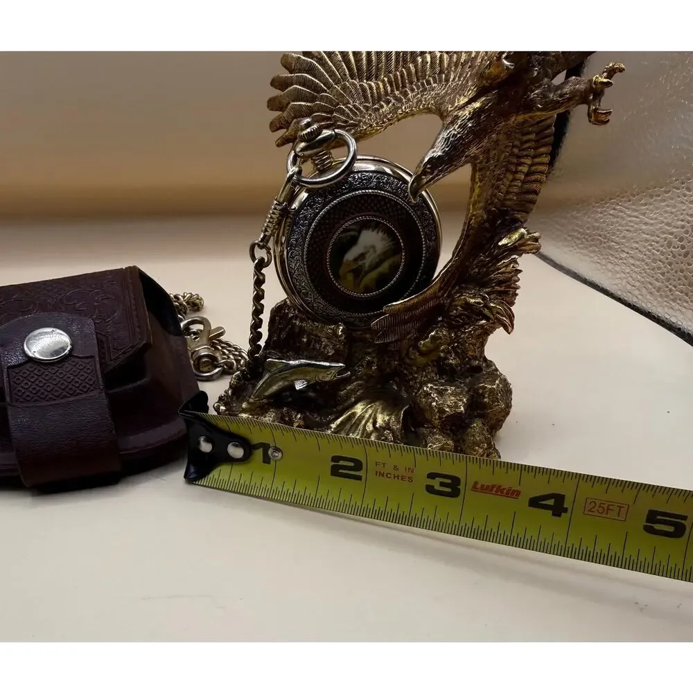 VTG Franklin Mint Bald Eagle Pocket Watch by Ted Blaylock Stand, Chain & Pouch